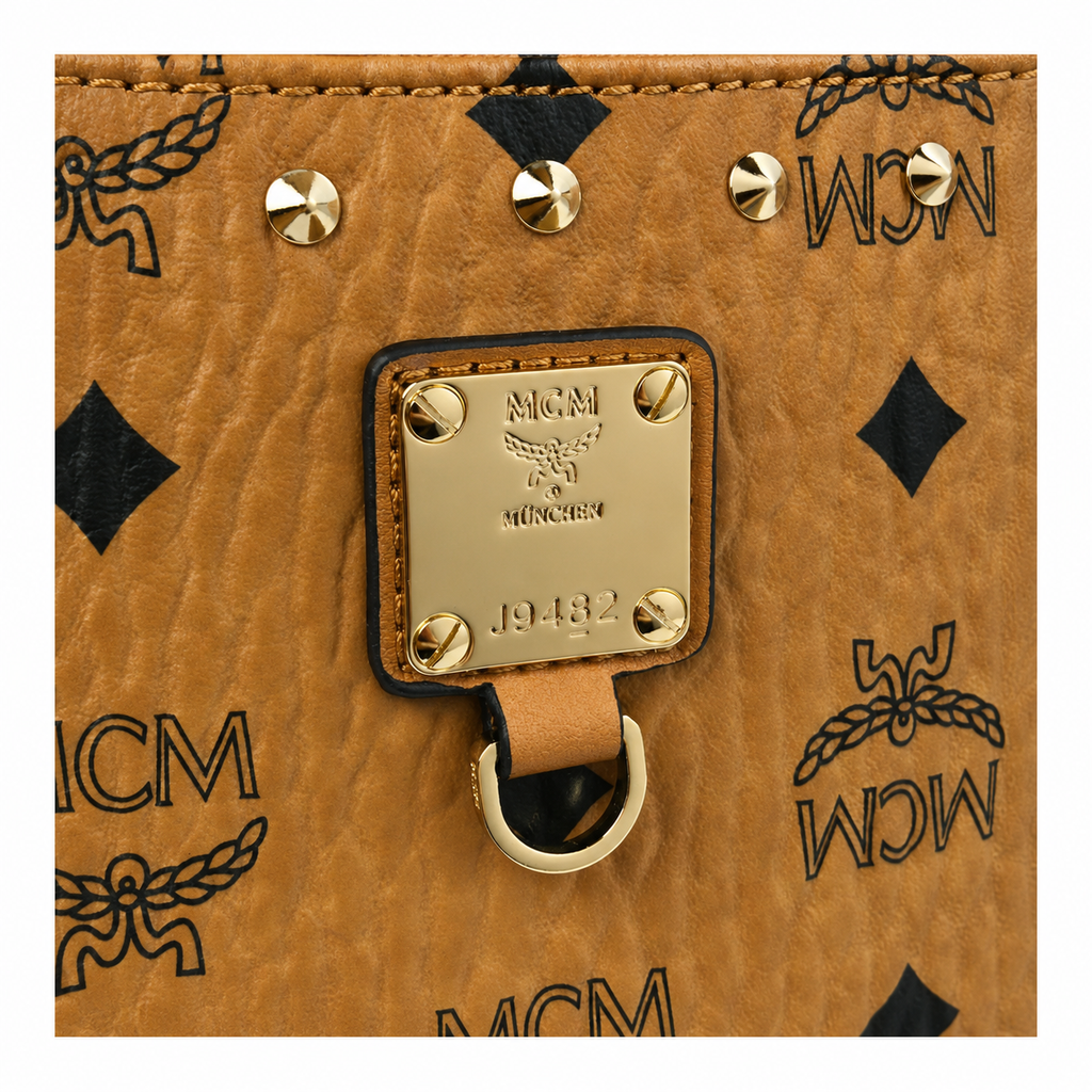MCM Stark Cognac Visetos Medium Studded Belt Bag / Chest Bag – Gold Studs & Adjustable Black Strap