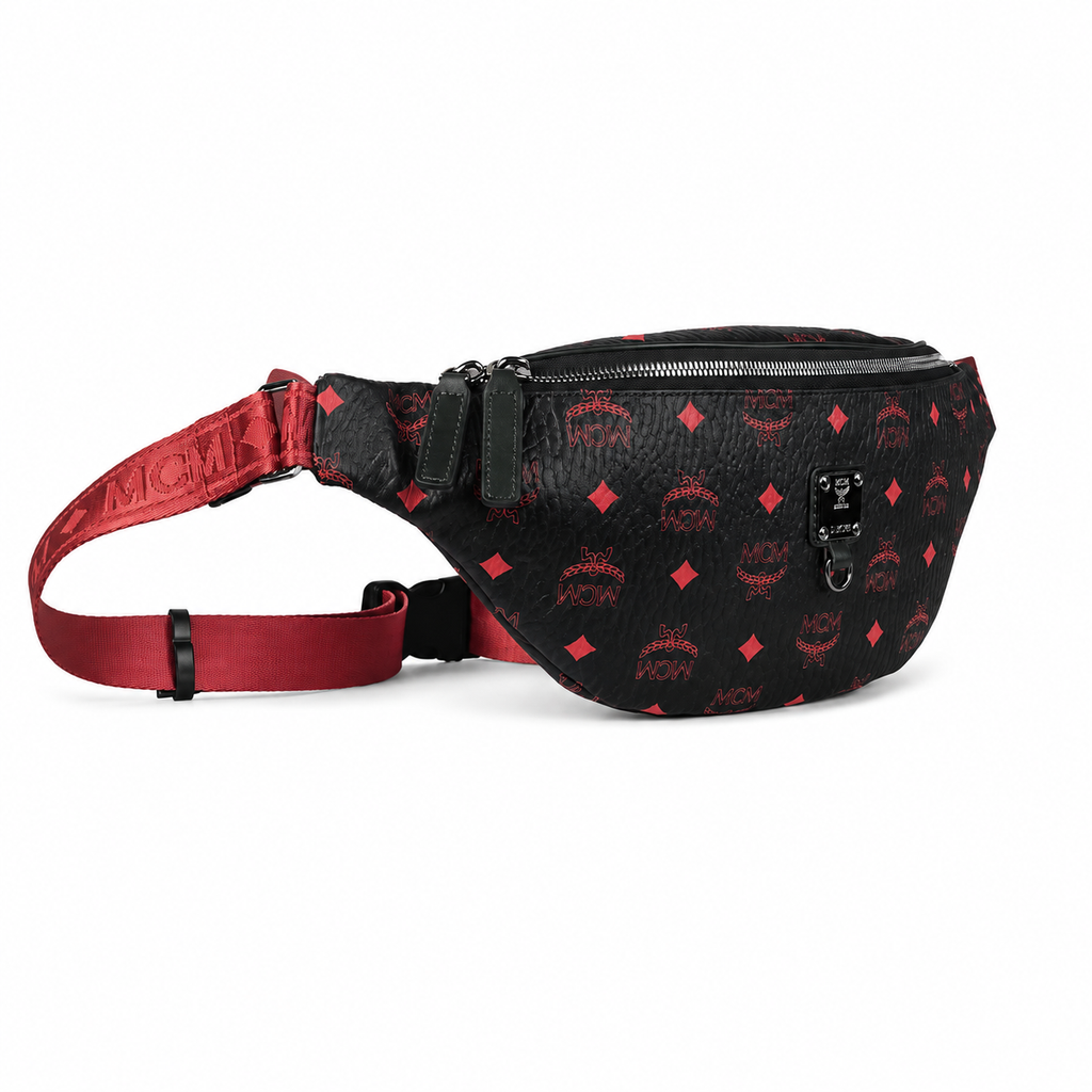 MCM Black/Red Visetos Medium Belt Bag / Chest Bag – Signature Monogram & Adjustable Webbing Strap