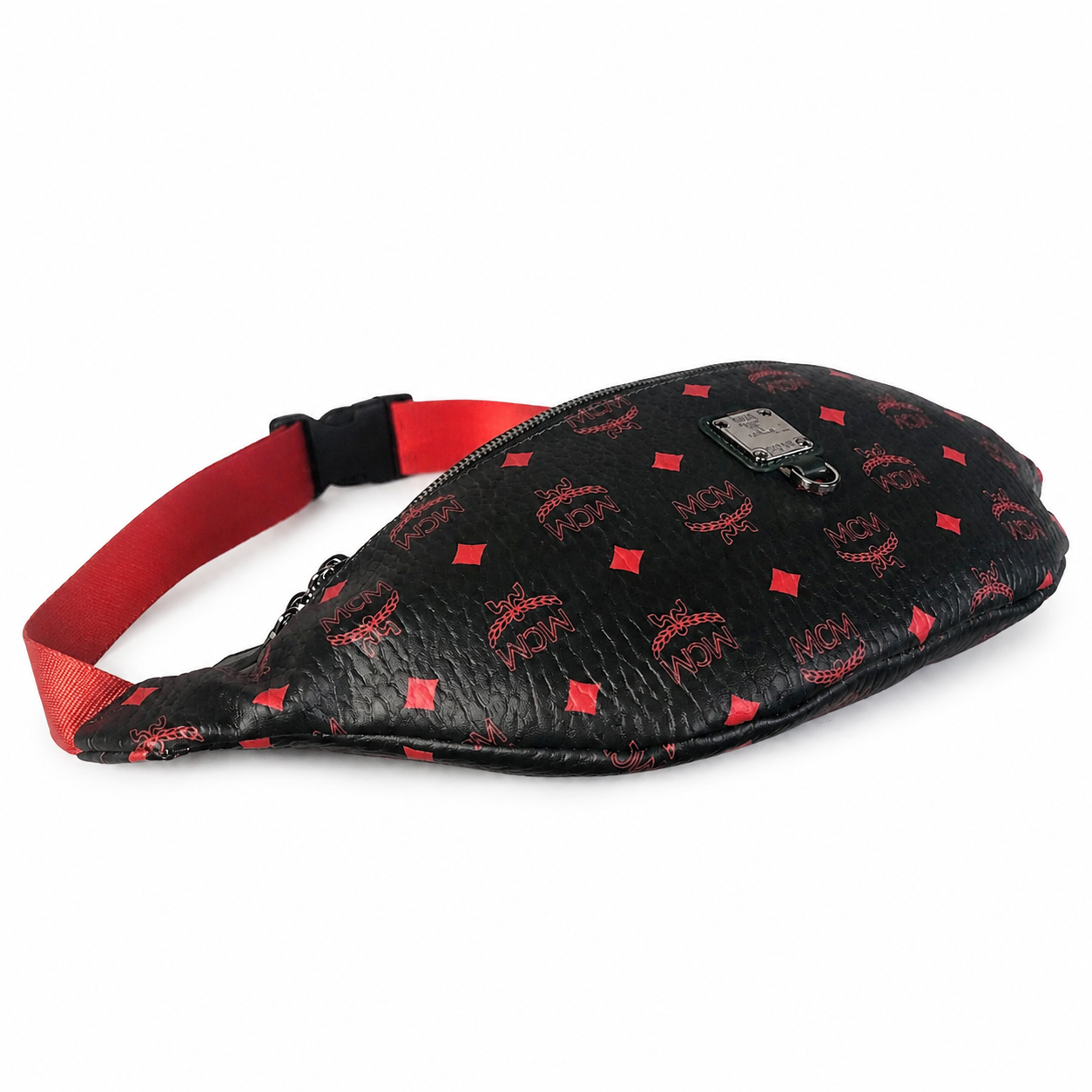 MCM Black/Red Visetos Medium Belt Bag / Chest Bag – Signature Monogram & Adjustable Webbing Strap