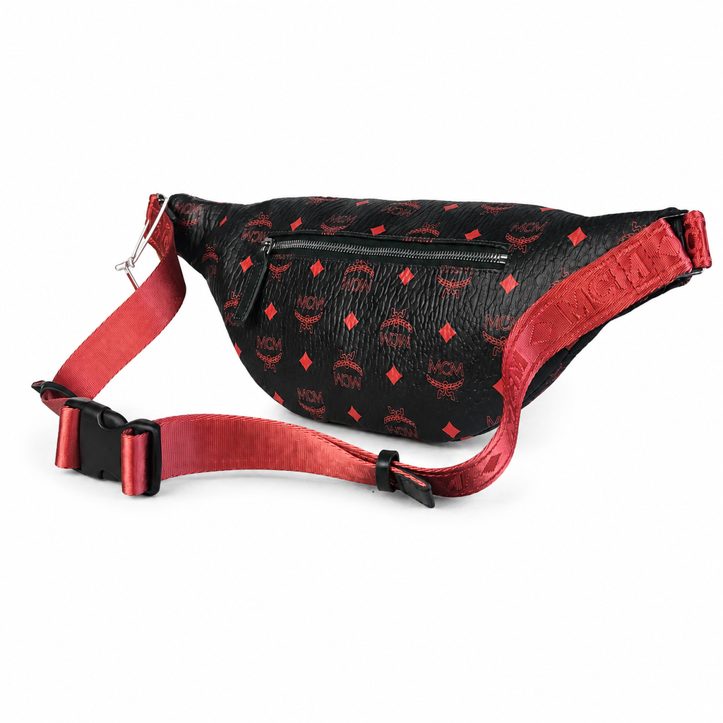 MCM Black/Red Visetos Medium Belt Bag / Chest Bag – Signature Monogram & Adjustable Webbing Strap