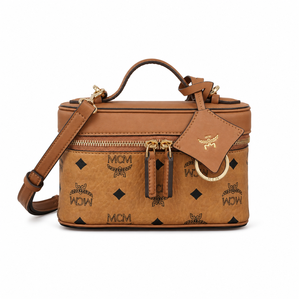 MCM Rockstar Vanity Case Mini Cosmetic Bag – Cognac Visetos with Gold-Tone Ring Charm