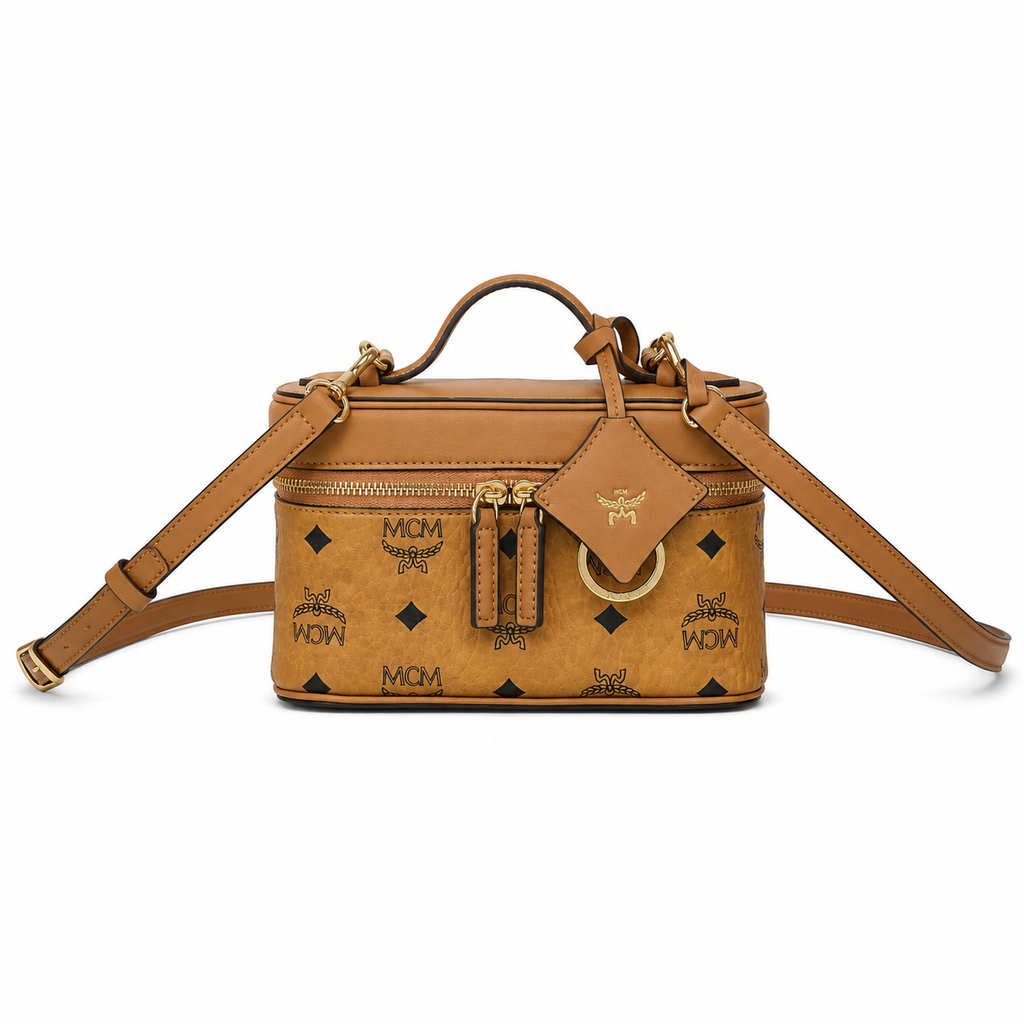 MCM Rockstar Vanity Case Mini Cosmetic Bag – Cognac Visetos with Gold-Tone Ring Charm