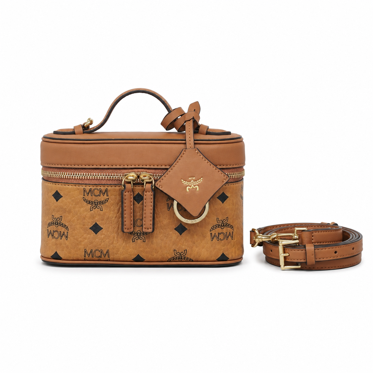 MCM Rockstar Vanity Case Mini Cosmetic Bag – Cognac Visetos with Gold-Tone Ring Charm