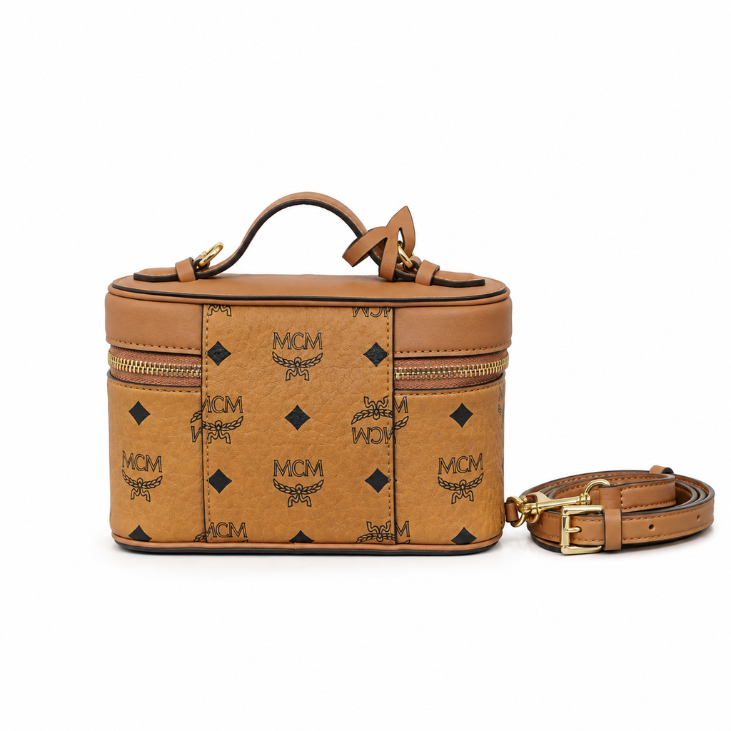 MCM Rockstar Vanity Case Mini Cosmetic Bag – Cognac Visetos with Gold-Tone Ring Charm