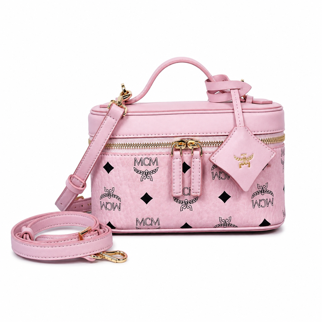 MCM Rockstar Vanity Case Mini Cosmetic Bag – Cognac Visetos with Gold-Tone Ring Charm