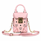 MCM Soft Berlin Visetos Mini Crossbody Bag – Pink with Gold Chain & Leather Strap