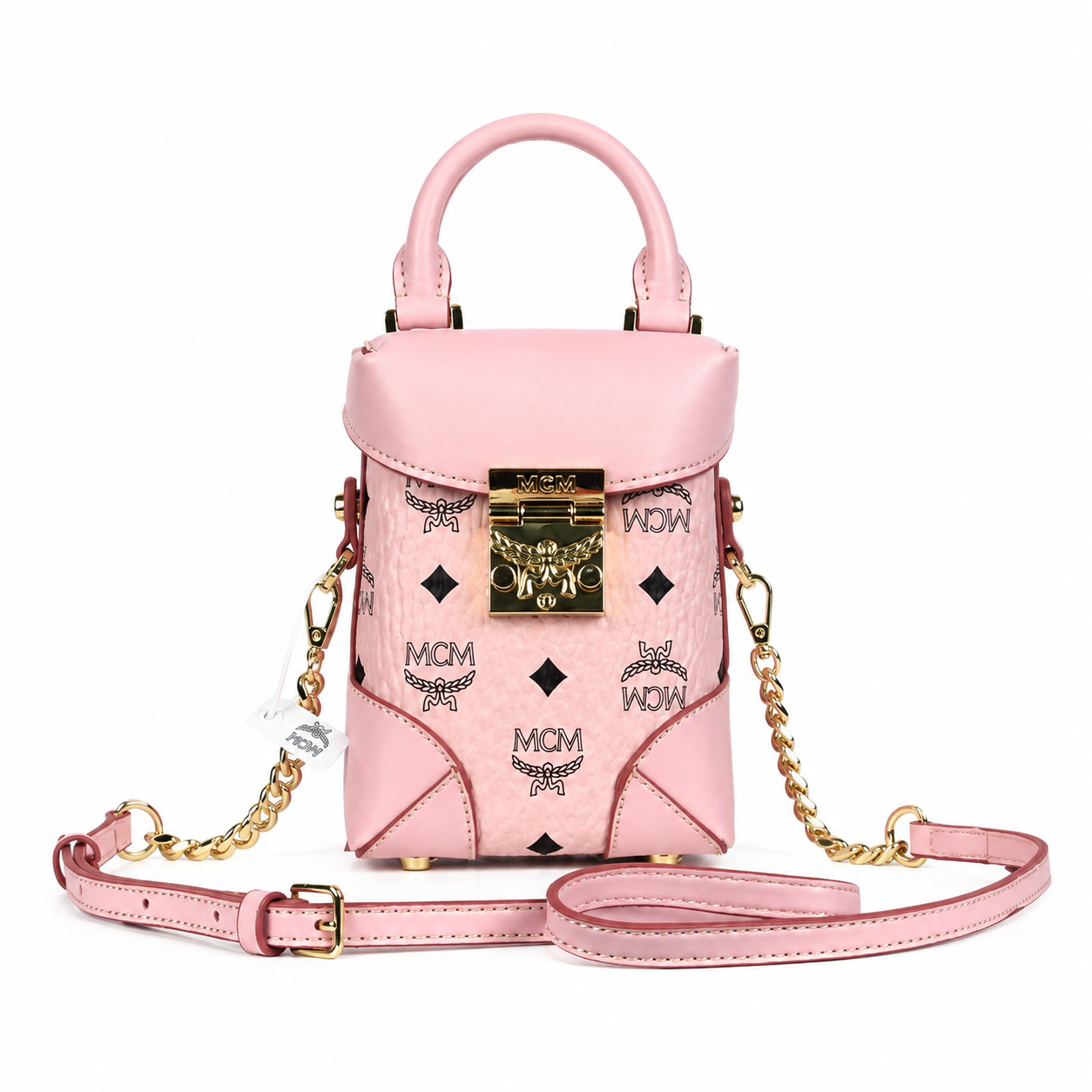 MCM Soft Berlin Visetos Mini Crossbody Bag – Pink with Gold Chain & Leather Strap