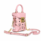 MCM Soft Berlin Visetos Mini Crossbody Bag – Pink with Gold Chain & Leather Strap