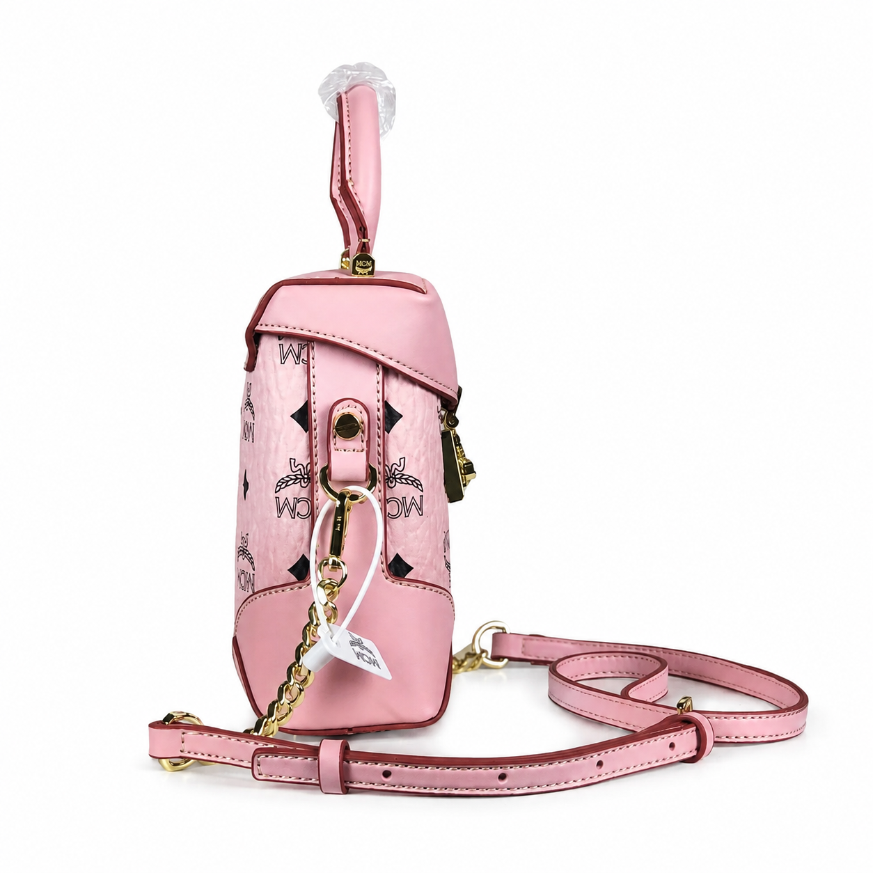 MCM Soft Berlin Visetos Mini Crossbody Bag – Pink with Gold Chain & Leather Strap