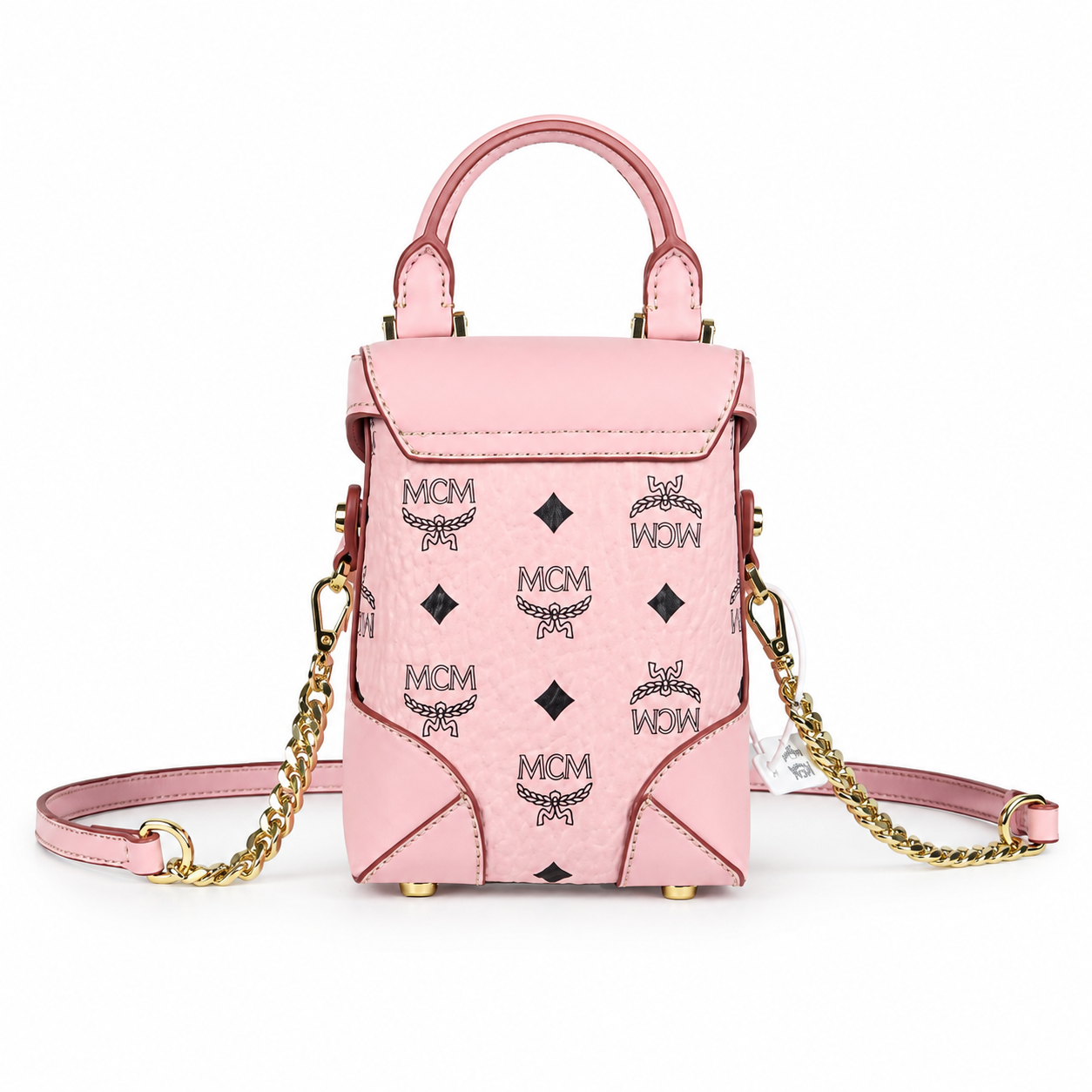 MCM Soft Berlin Visetos Mini Crossbody Bag – Pink with Gold Chain & Leather Strap