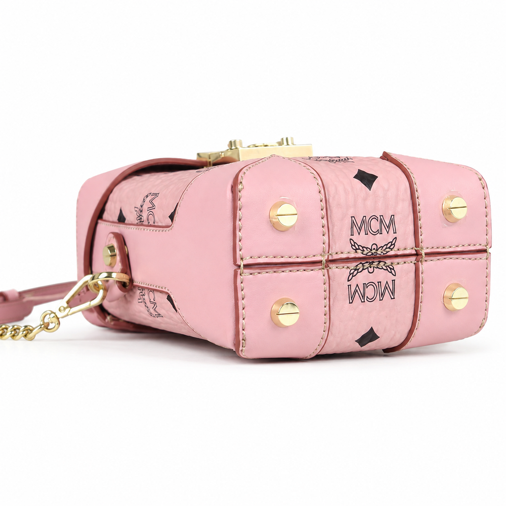 MCM Soft Berlin Visetos Mini Crossbody Bag – Pink with Gold Chain & Leather Strap
