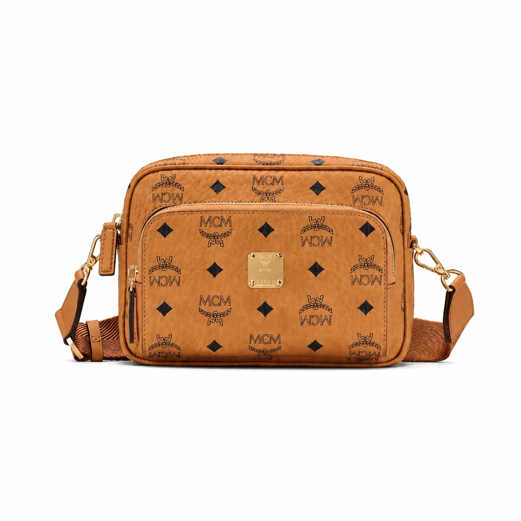 MCM Klassik Visetos Small Camera Crossbody Bag – Cognac with Gold Plaque & Webbing Strap