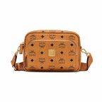 MCM Klassik Visetos Small Camera Crossbody Bag – Cognac with Gold Plaque & Webbing Strap