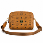 MCM Klassik Visetos Small Camera Crossbody Bag – Cognac with Gold Plaque & Webbing Strap