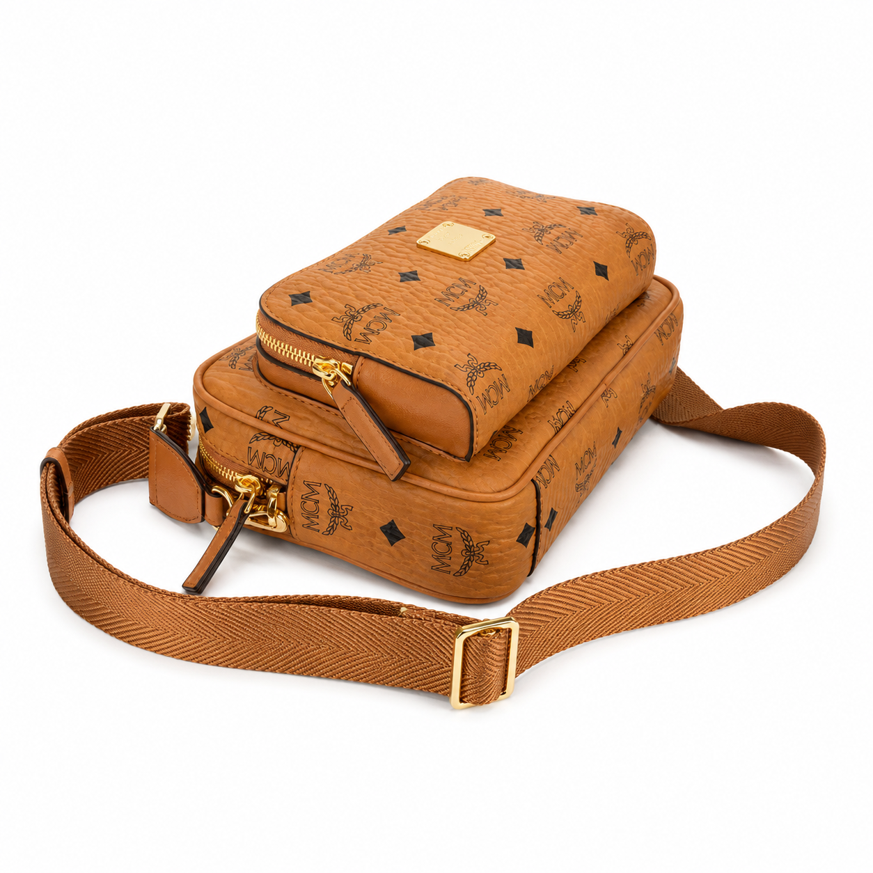 MCM Klassik Visetos Small Camera Crossbody Bag – Cognac with Gold Plaque & Webbing Strap