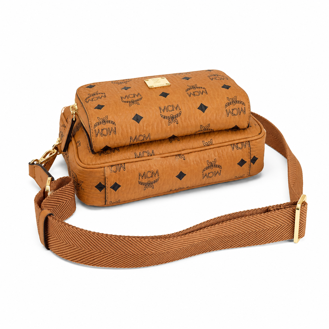 MCM Klassik Visetos Small Camera Crossbody Bag – Cognac with Gold Plaque & Webbing Strap