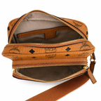 MCM Klassik Visetos Small Camera Crossbody Bag – Cognac with Gold Plaque & Webbing Strap