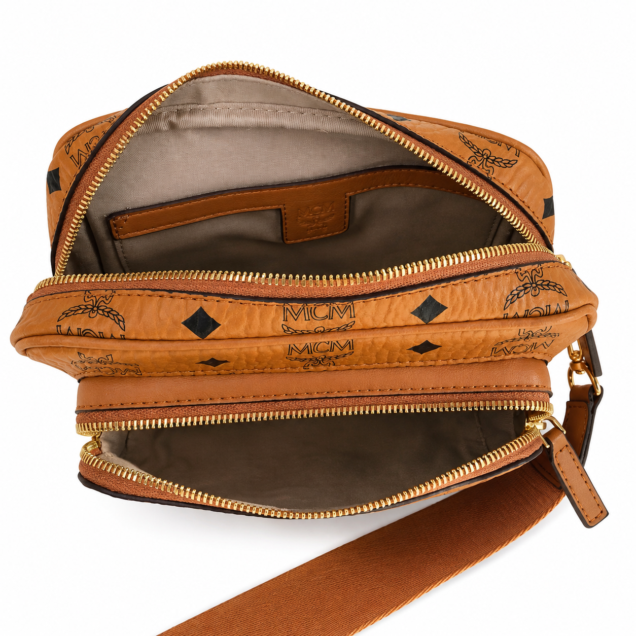 MCM Klassik Visetos Small Camera Crossbody Bag – Cognac with Gold Plaque & Webbing Strap