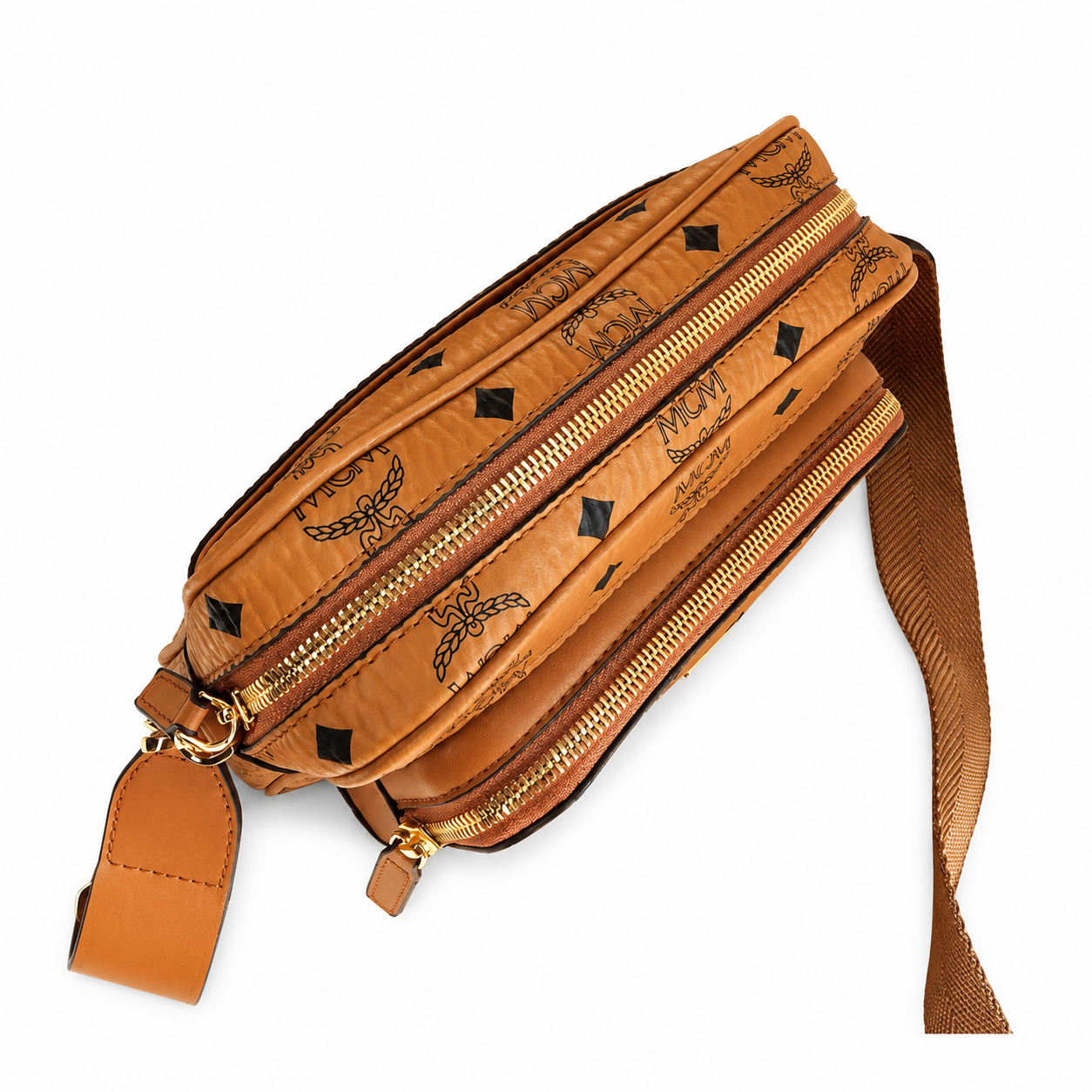 MCM Klassik Visetos Small Camera Crossbody Bag – Cognac with Gold Plaque & Webbing Strap