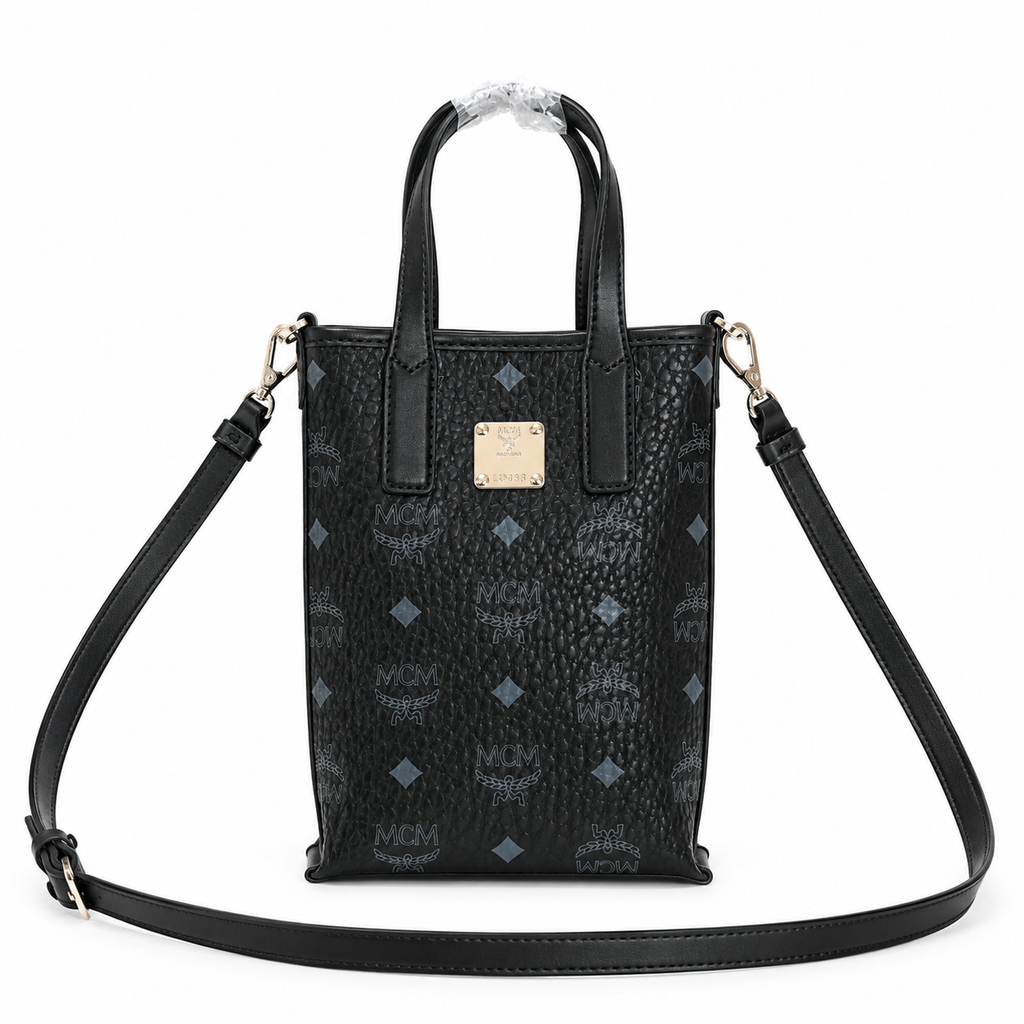 MCM Liz Visetos Mini Tote Bag – Black with Gold Plaque & Detachable Strap