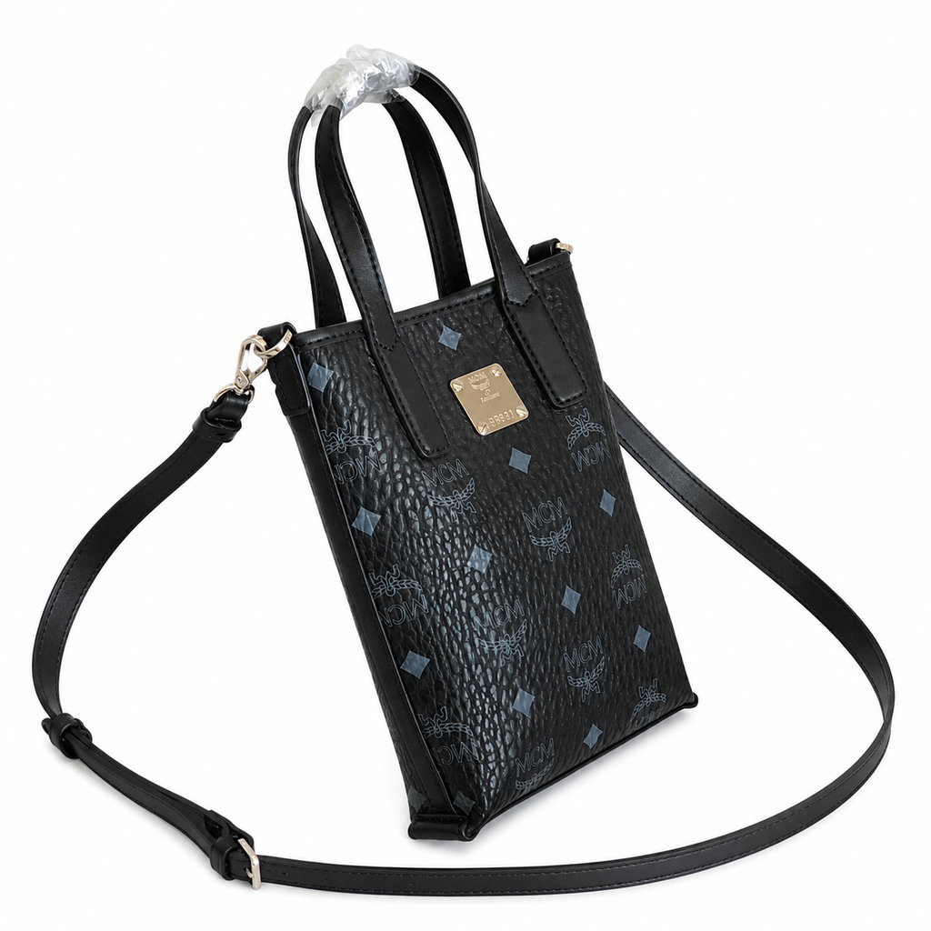 MCM Liz Visetos Mini Tote Bag – Black with Gold Plaque & Detachable Strap