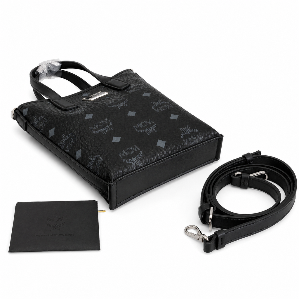 MCM Liz Visetos Mini Tote Bag – Black with Gold Plaque & Detachable Strap