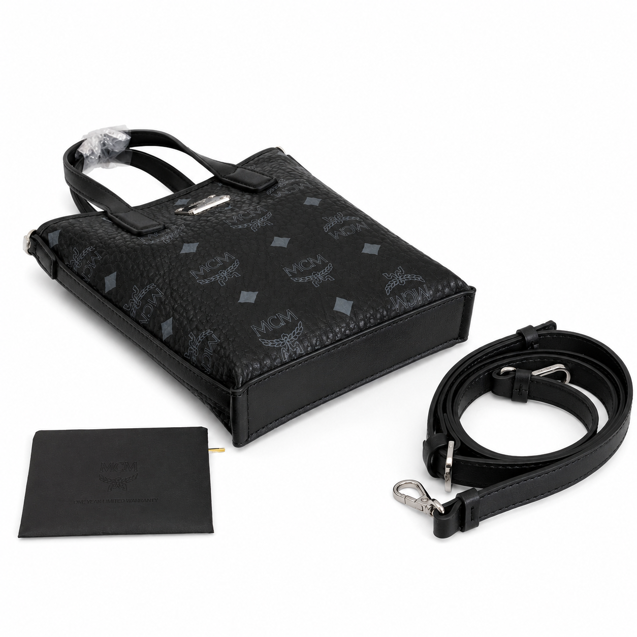 MCM Liz Visetos Mini Tote Bag – Black with Gold Plaque & Detachable Strap