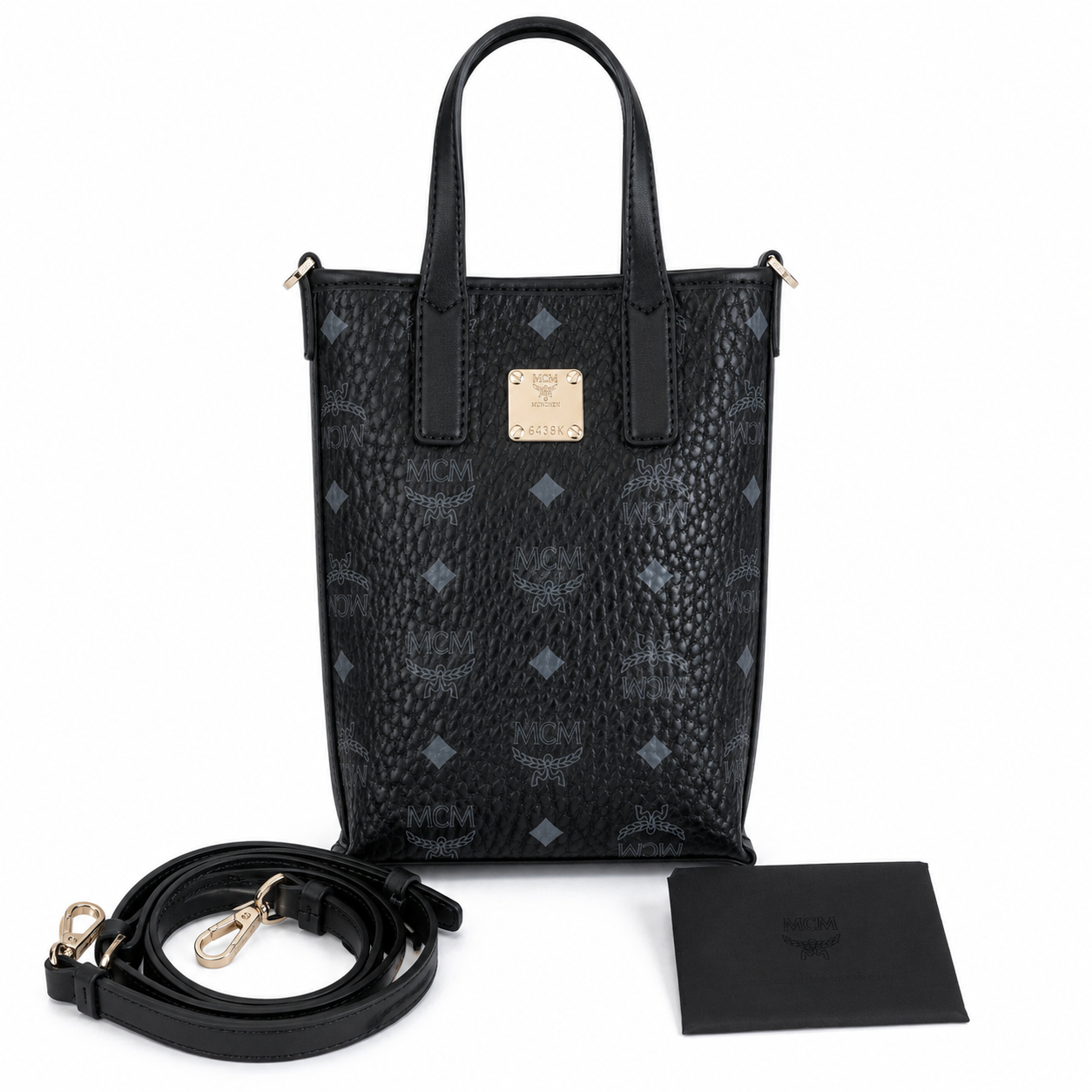 MCM Liz Visetos Mini Tote Bag – Black with Gold Plaque & Detachable Strap