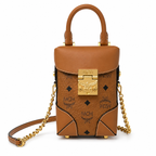 MCM Soft Berlin Visetos Mini Crossbody Bag – Cognac/Brown with Gold Chain & Leather Strap