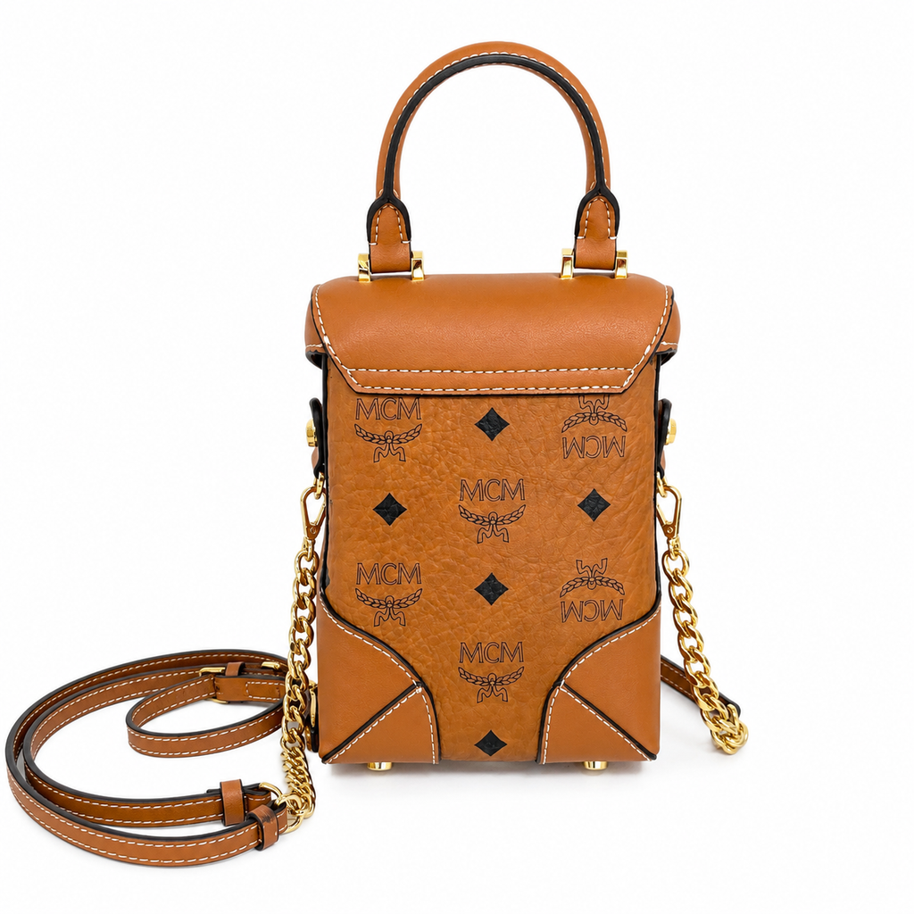 MCM Soft Berlin Visetos Mini Crossbody Bag – Cognac/Brown with Gold Chain & Leather Strap
