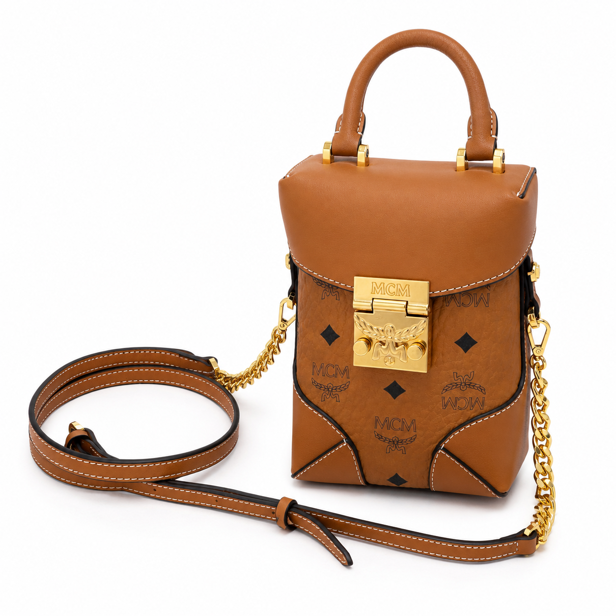 MCM Soft Berlin Visetos Mini Crossbody Bag – Cognac/Brown with Gold Chain & Leather Strap