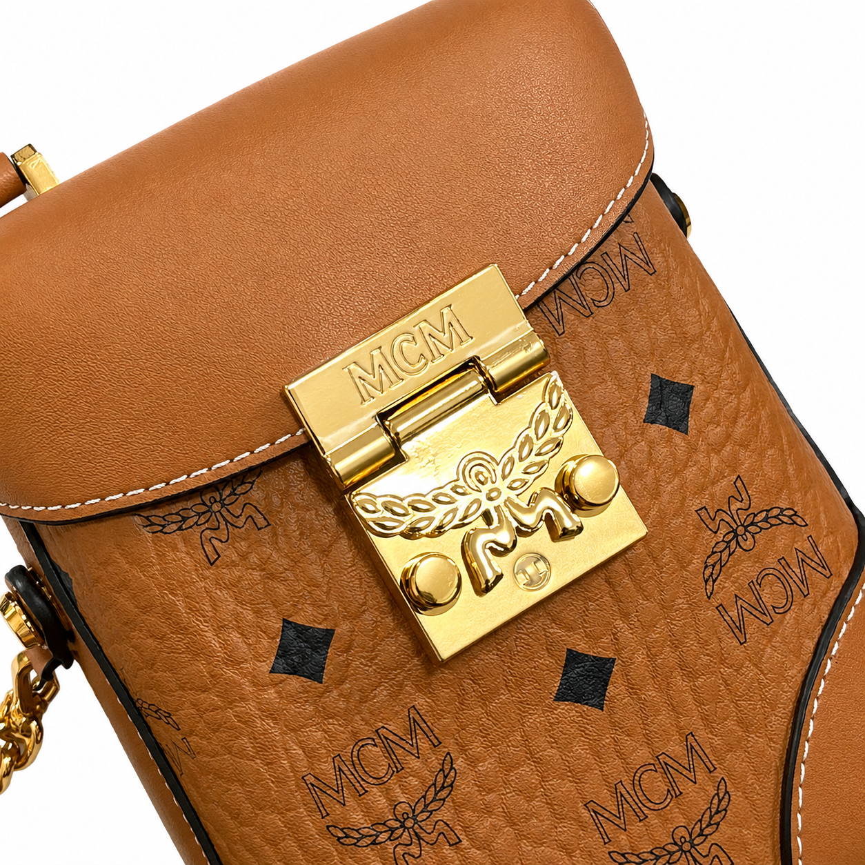 MCM Soft Berlin Visetos Mini Crossbody Bag – Cognac/Brown with Gold Chain & Leather Strap