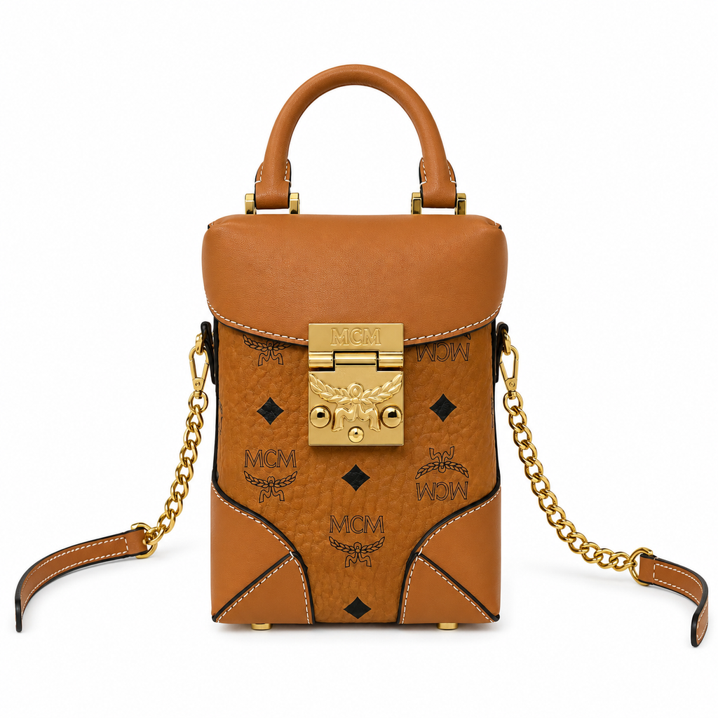 MCM Soft Berlin Visetos Mini Crossbody Bag – Cognac/Brown with Gold Chain & Leather Strap