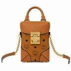 MCM Soft Berlin Visetos Mini Crossbody Bag – Cognac/Brown with Gold Chain & Leather Strap