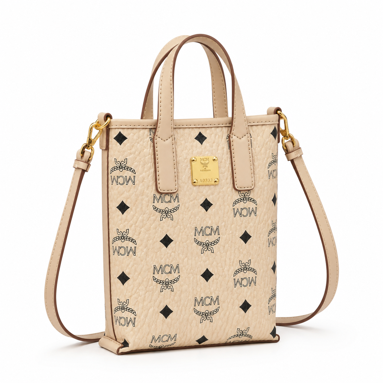 MCM Liz Visetos Mini Tote Bag – Beige/Cream with Gold Plaque & Detachable Strap