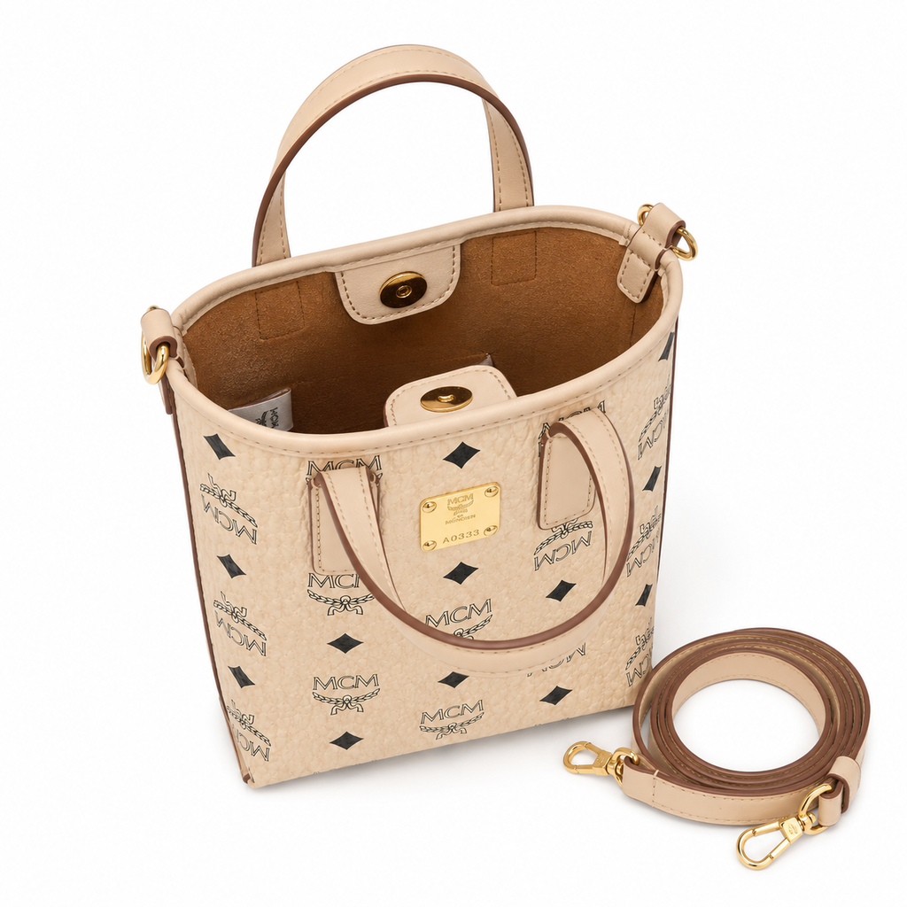 MCM Liz Visetos Mini Tote Bag – Beige/Cream with Gold Plaque & Detachable Strap