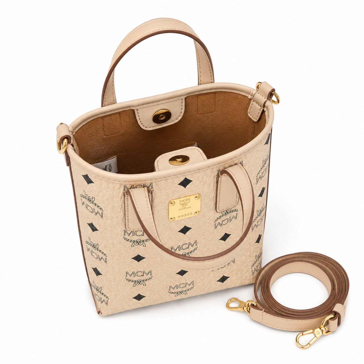 MCM Liz Visetos Mini Tote Bag – Beige/Cream with Gold Plaque & Detachable Strap
