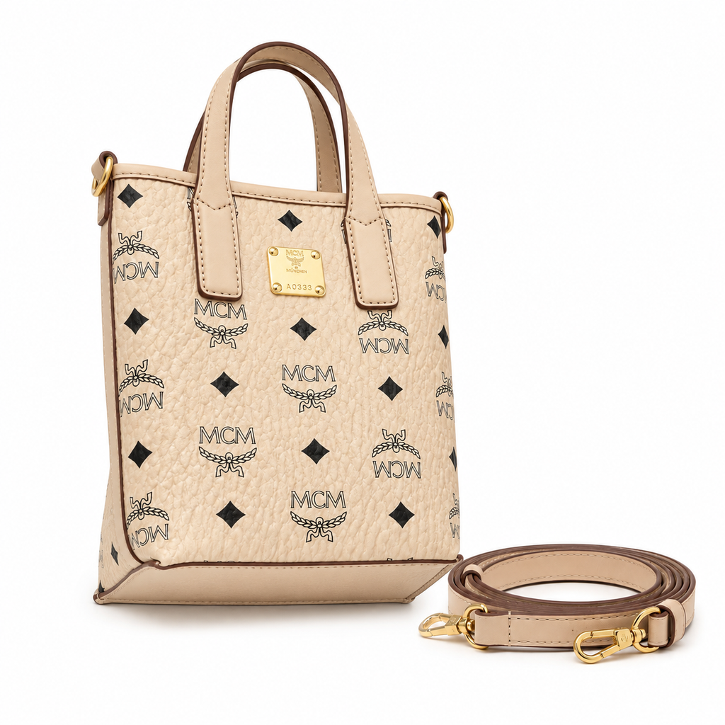 MCM Liz Visetos Mini Tote Bag – Beige/Cream with Gold Plaque & Detachable Strap
