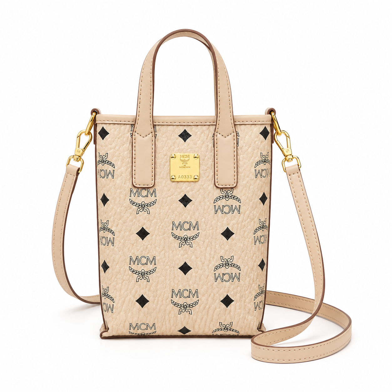 MCM Liz Visetos Mini Tote Bag – Beige/Cream with Gold Plaque & Detachable Strap