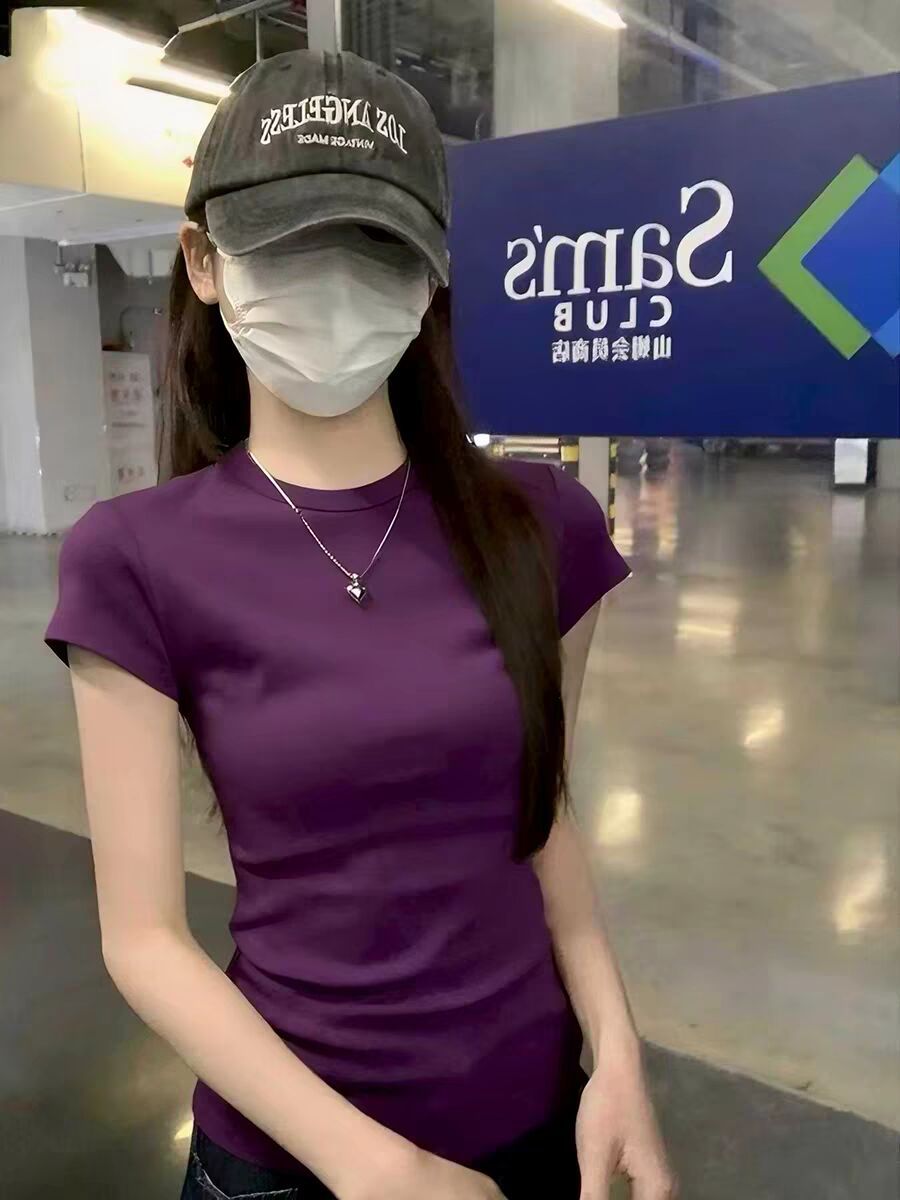 Ye Yuan'S Right Shoulder Slim Slim Sweet Top For Women Summer New Tight Short-Sleeved Pink Bottoming Shirt T-Shirt For Women