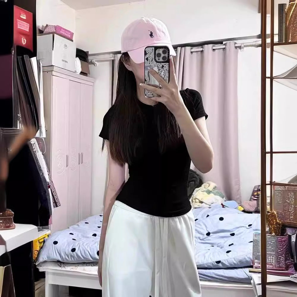Ye Yuan'S Right Shoulder Slim Slim Sweet Top For Women Summer New Tight Short-Sleeved Pink Bottoming Shirt T-Shirt For Women