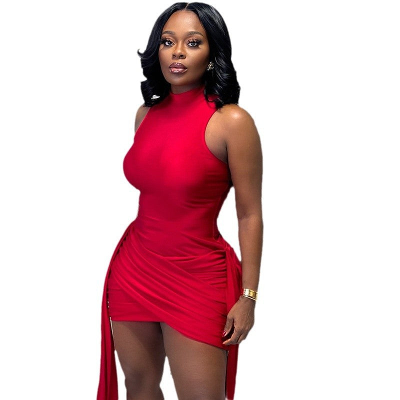 European And American Style Personalized Fashion Women'S Pleated Splicing Straps Slim Hip Skirt Casual Solid Color Stand-Up Collar Short Dress