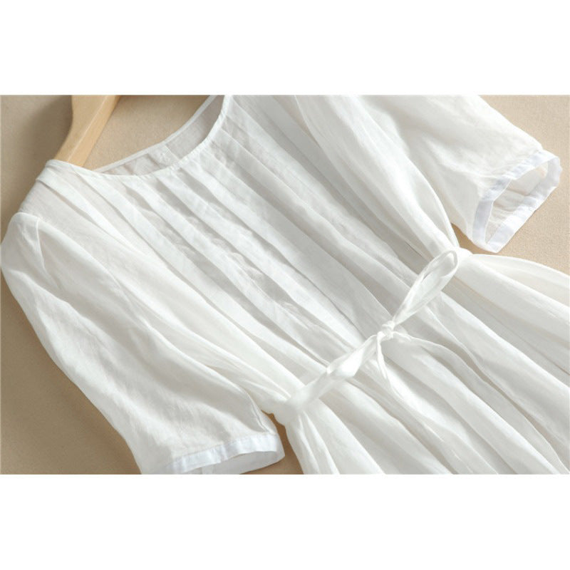 Ramie Dress Women'S 2026 Summer New Style Lace-Up Waist Long Skirt White Holiday Art Skirt Women'S Cotton And Linen Breathable