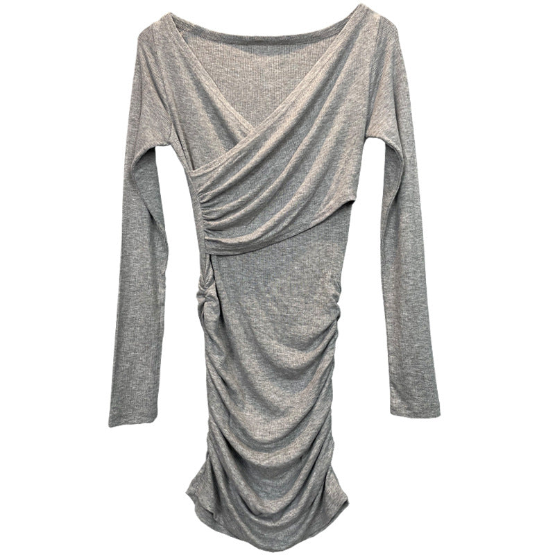 Dongdaemun, South Korea, New Tight-Fitting Hip-Hugging Dress, Feminine Breast-Showing Short Skirt, Gray Long-Sleeved Fashion