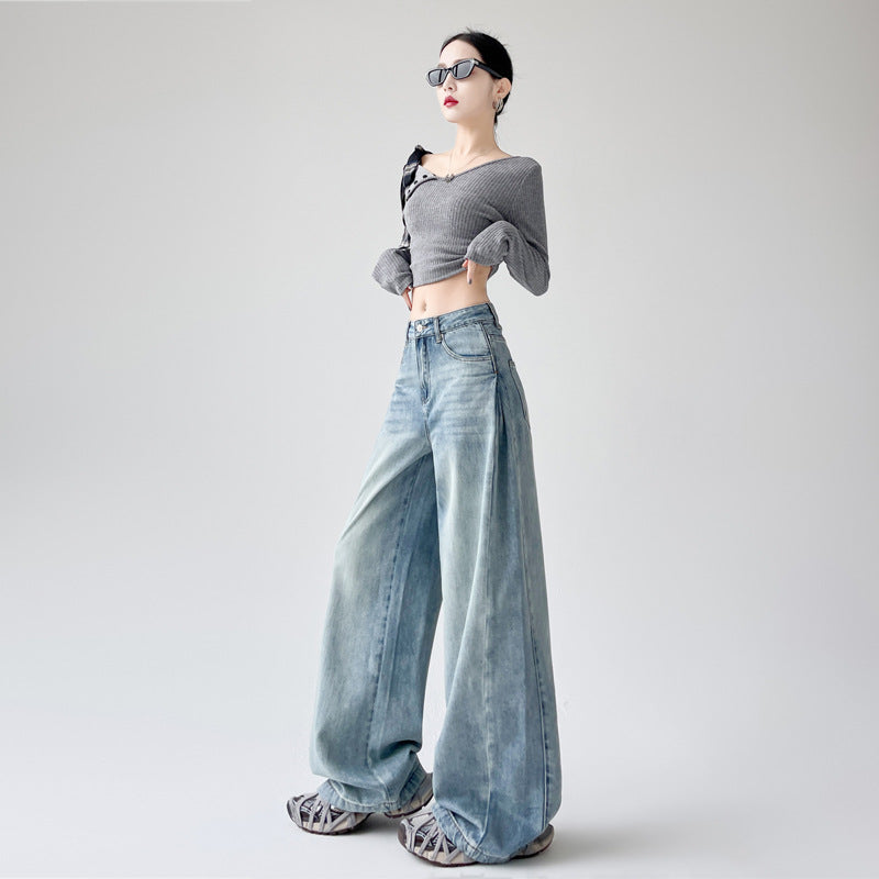 High-Waisted Loose Washed Jeans For Women, Slim And Drapey Straight Pants, Floor-Length Pants, Wide-Leg Pants, Long Pants, Blue Pants