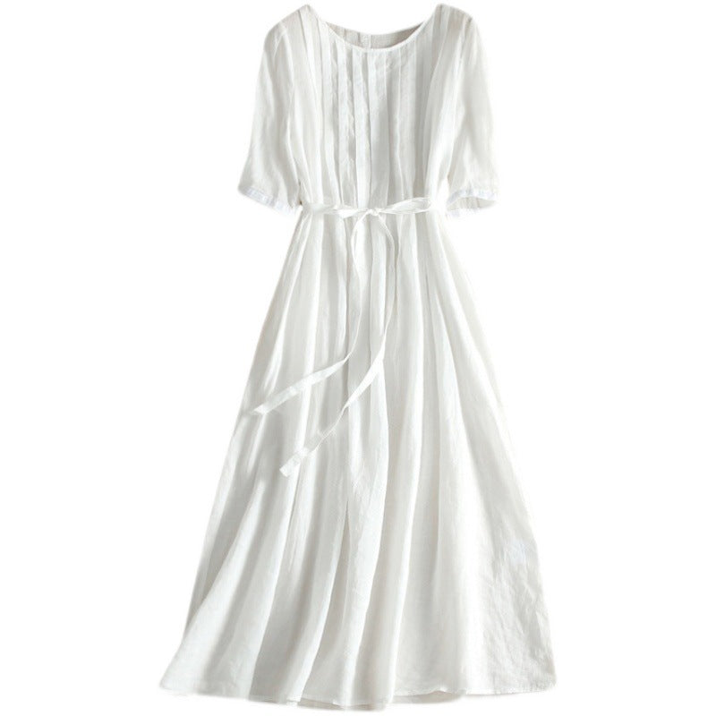 Ramie Dress Women'S 2026 Summer New Style Lace-Up Waist Long Skirt White Holiday Art Skirt Women'S Cotton And Linen Breathable
