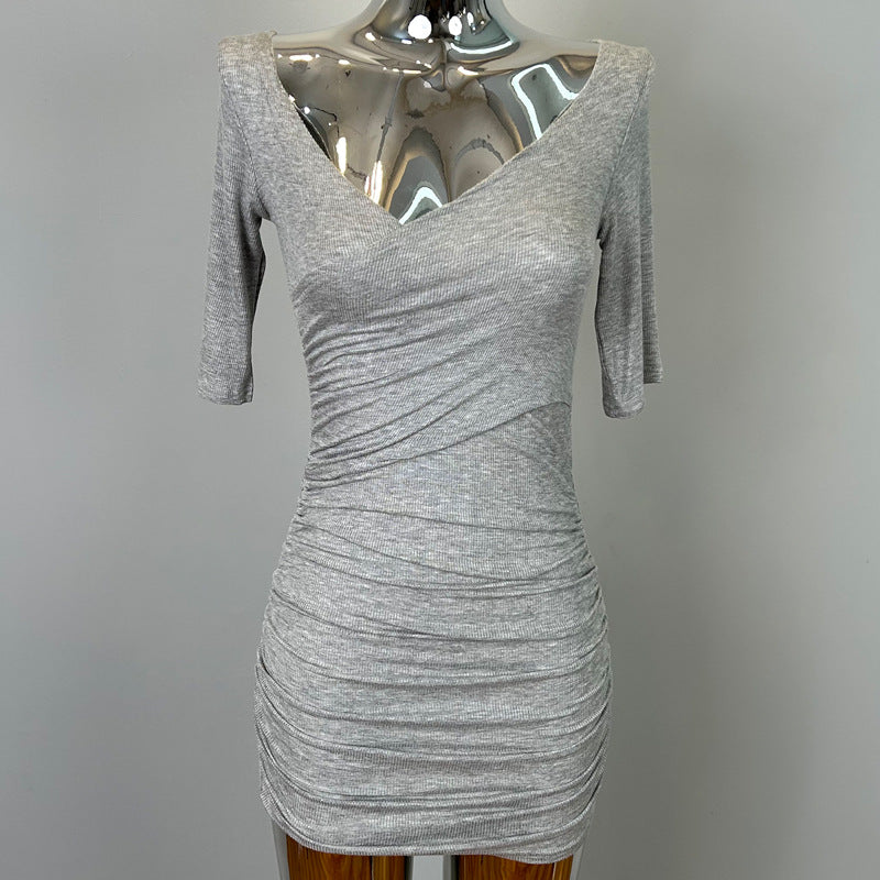 Dongdaemun, South Korea, New Tight-Fitting Hip-Hugging Dress, Feminine Breast-Showing Short Skirt, Gray Long-Sleeved Fashion