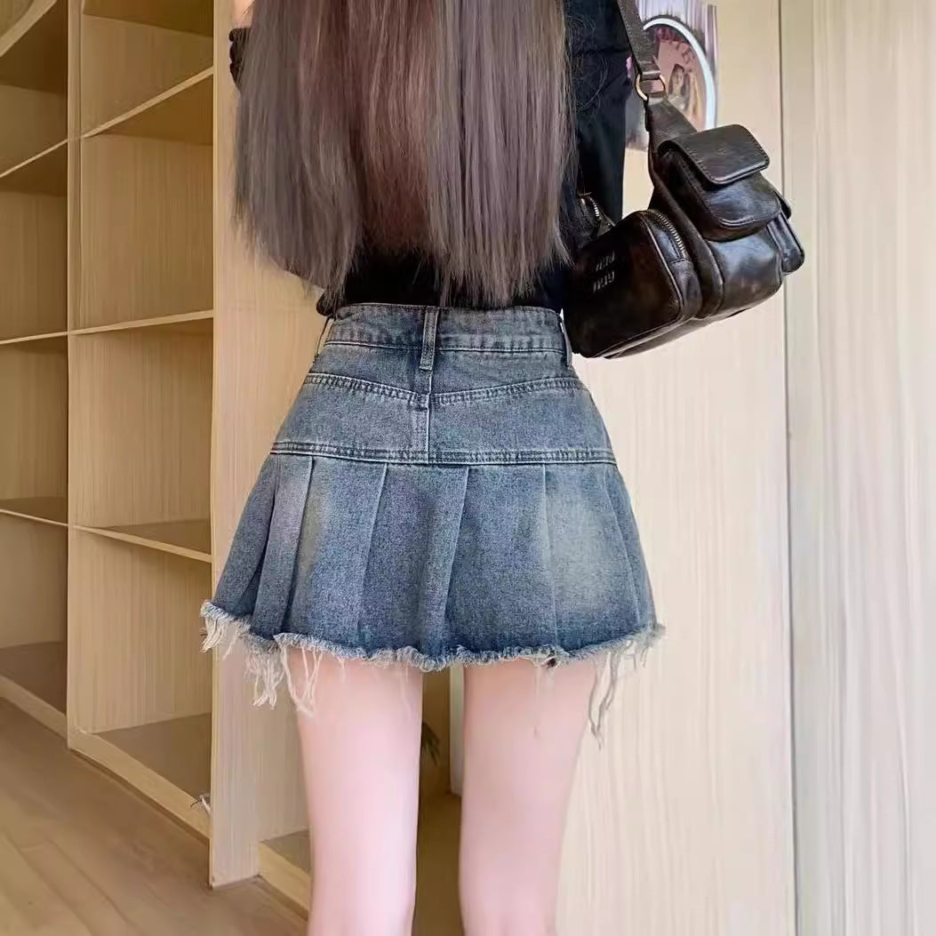 Hot Girl Retro Pleated Denim Skirt For Women 2025 New Summer High-Waisted A-Line Anti-Exposure Hip-Covering Short Skirt