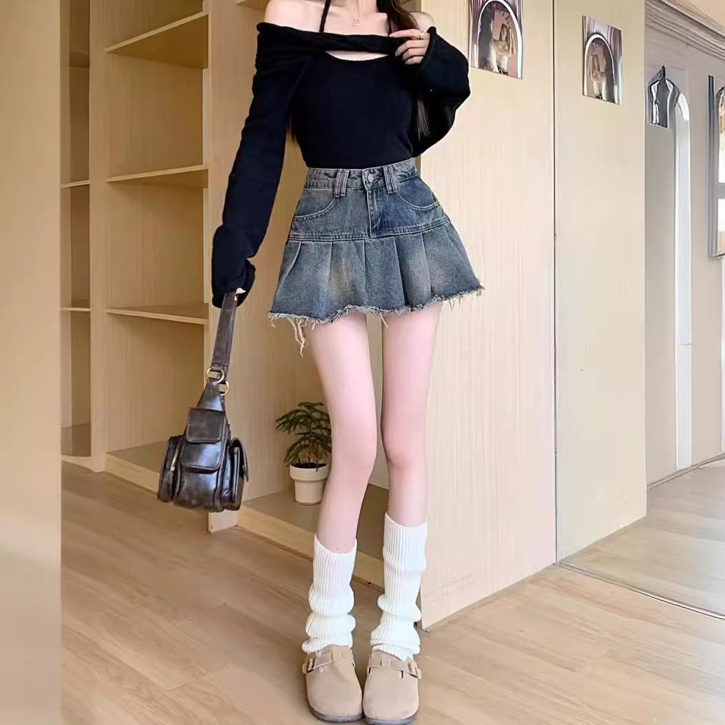 Hot Girl Retro Pleated Denim Skirt For Women 2025 New Summer High-Waisted A-Line Anti-Exposure Hip-Covering Short Skirt
