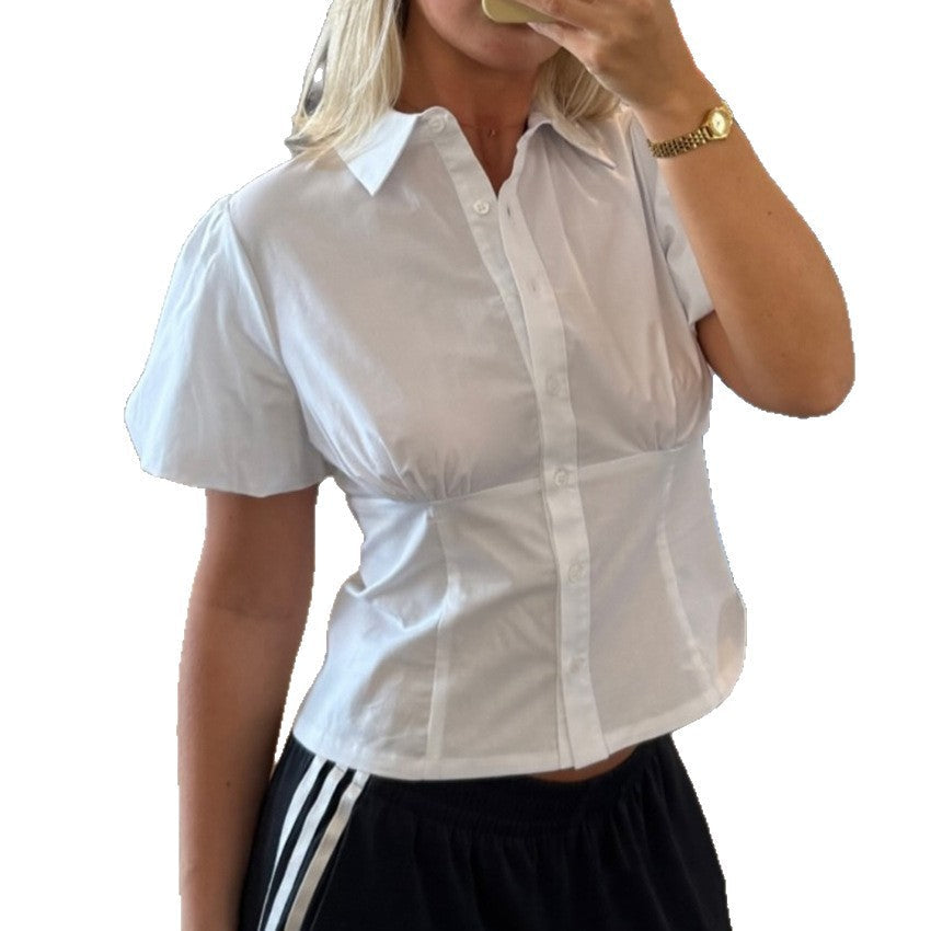 2025 Summer New Puff Sleeve Shirt Design Temperament Waist Top Fashion Personality European And American Commuting Versatile